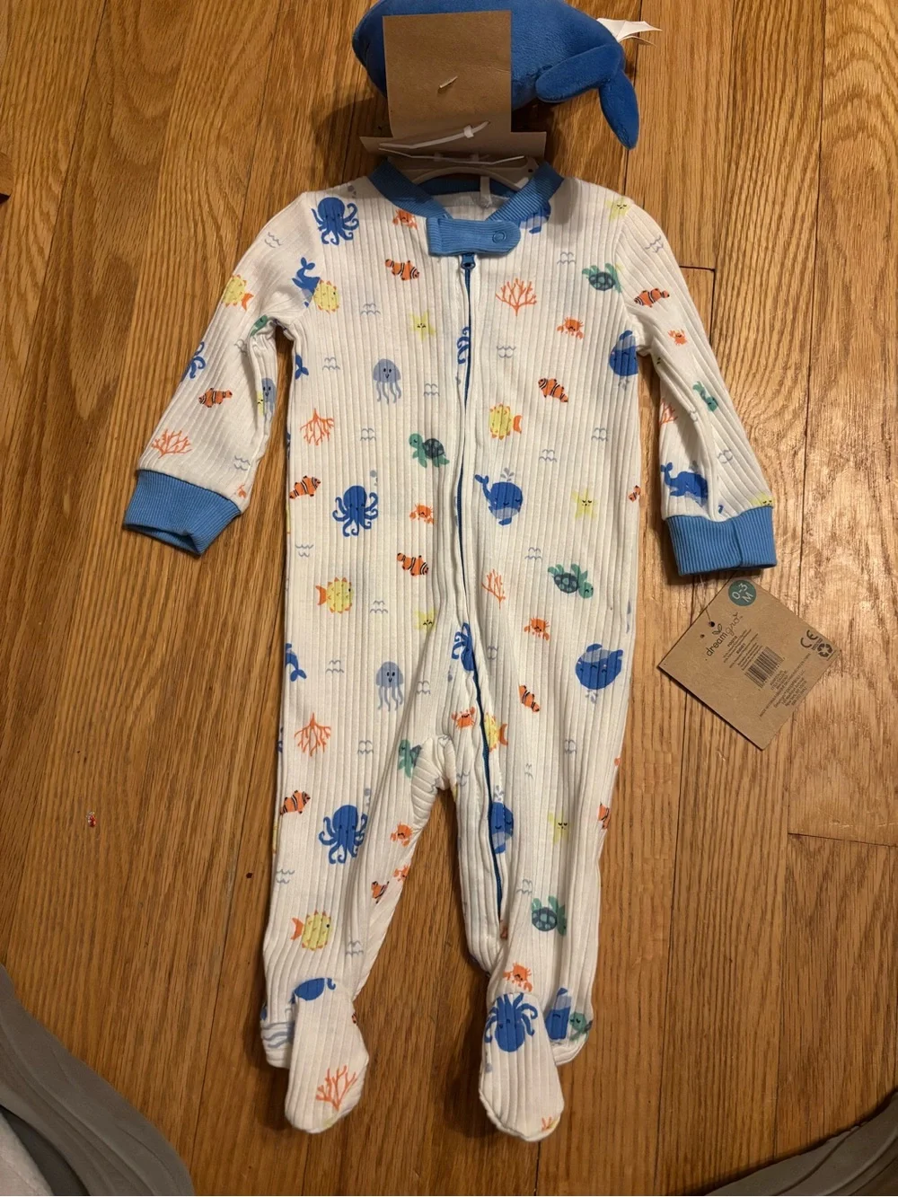 Blue Ocean Print Baby One-Piece with Whale Rattle